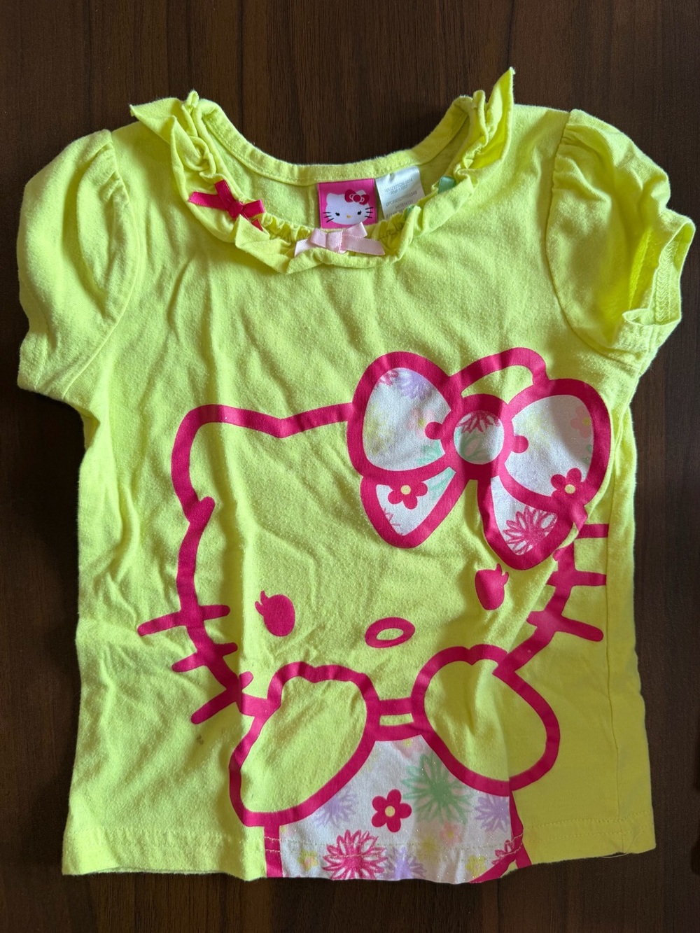 Hello Kitty x Sanrio Girls' Neon Acid Yellow Short-Sleeve Ruffle Neck Tee 5T y2K